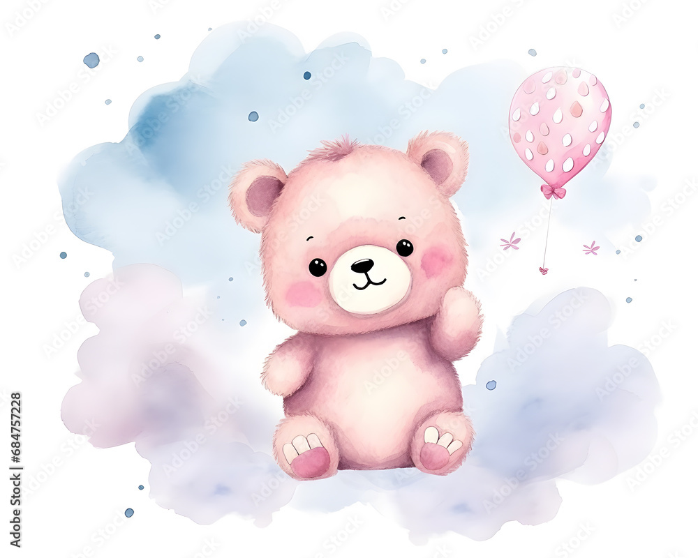 Cute Teddy bear with balloons in the sky with pink clouds cartoon illustration Cute Teddy bear with balloons in the sky with pink clouds cartoon illustration