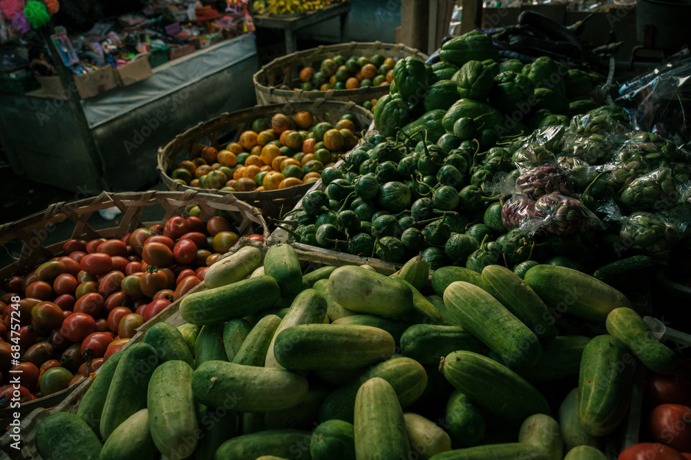 Traditional asian market rich of fruits and vegetables 