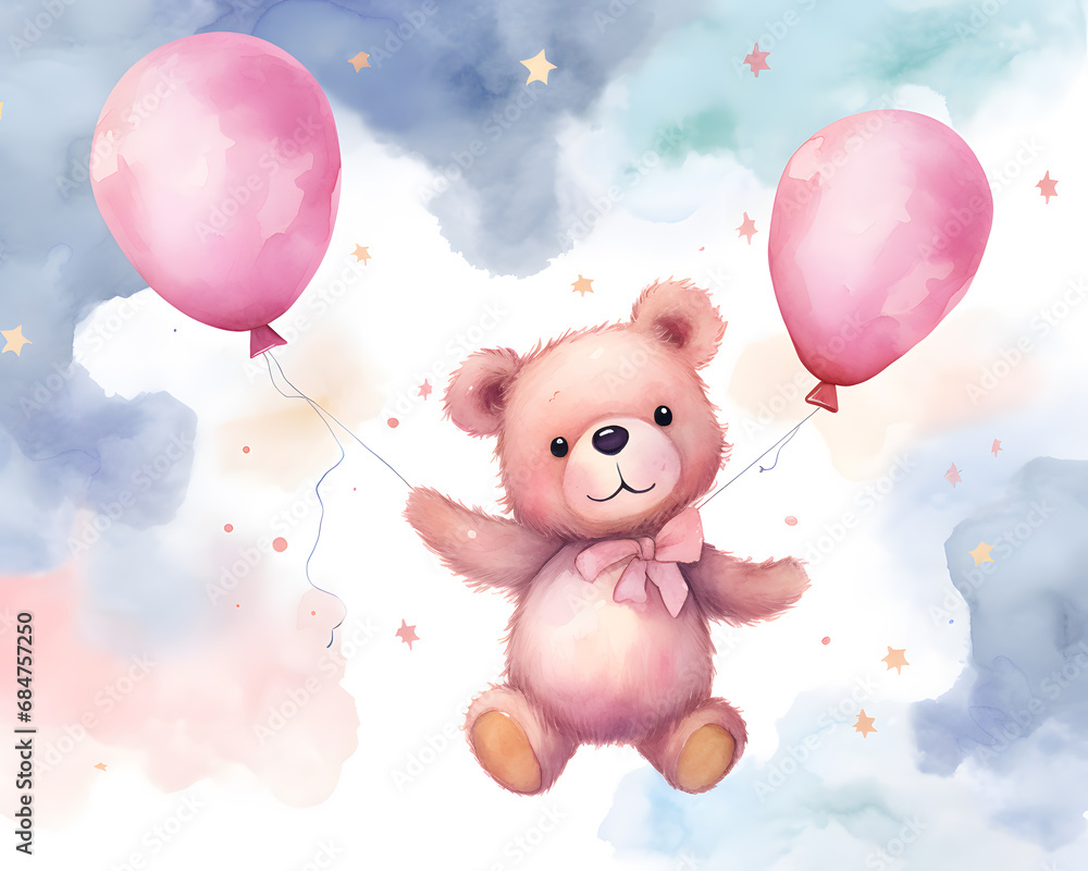 Cute Teddy bear with balloons in the sky with pink clouds cartoon illustration Cute Teddy bear with balloons in the sky with pink clouds cartoon illustration