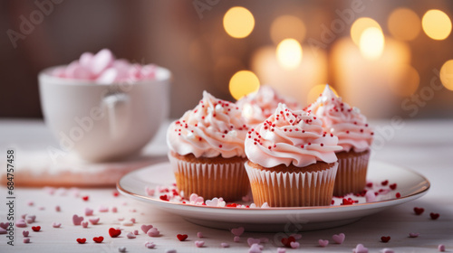 Indulge in the spirit of Valentine's with these pink frosted cupcakes, adorned with heart sprinkles. They're the perfect token of love.