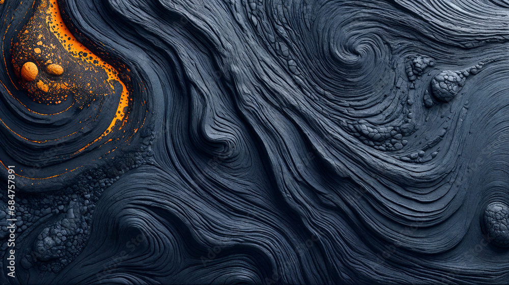 Abstract texture of frozen lava in black and blue color with orange elements. Abstract texture of frozen lava in black and blue color with orange elements.