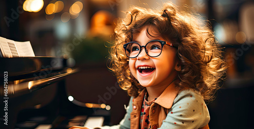 Joyful girl learning to play the piano, image for advertising music courses