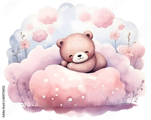 Cute Teddy bear sleeping on pink clouds cartoon illustration