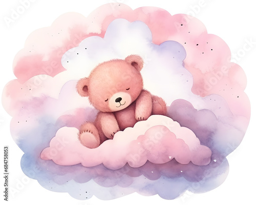 Cute Teddy bear sleeping on pink clouds cartoon illustration © Oksana