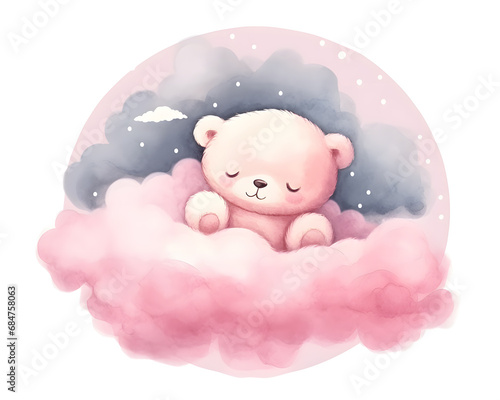 Cute Teddy bear sleeping on pink clouds cartoon illustration