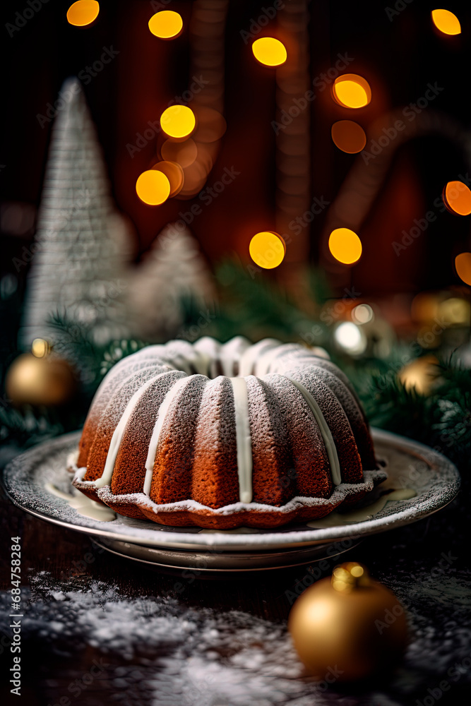A bundt cake on a plate in front of Christmas tree. Generative AI A bundt cake on a plate in front of Christmas tree. Generative AI