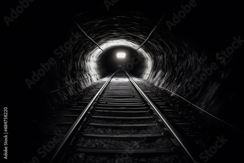 Mine railway in undergroud. Neural network AI generated art photo