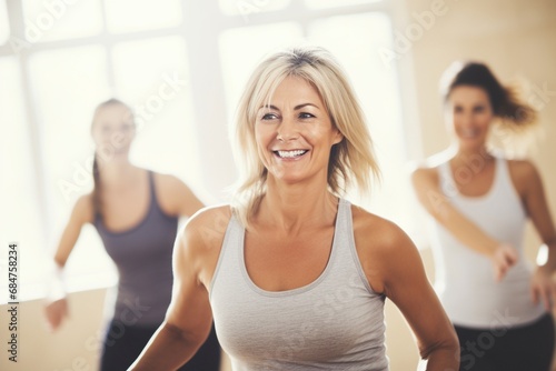 Join the joyful dance class of middle-aged women, united by Zumba. Candid expressions reveal their enthusiasm for an active lifestyle and the bond of friendship