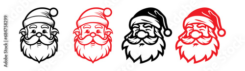 Santa claus logo in line art style. santa claus face beard moustache happy xmas christmas new year outline thin line vector icon black and red on white background. photo