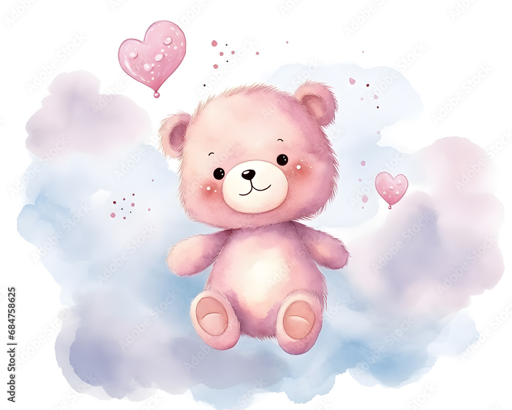 Cute Teddy bear in the sky with pink and blue clouds cartoon illustration Cute Teddy bear in the sky with pink and blue clouds cartoon illustration