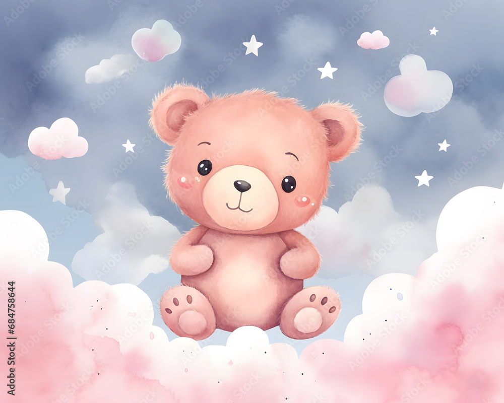 Cute Teddy bear in the sky with pink and blue clouds cartoon illustration Cute Teddy bear in the sky with pink and blue clouds cartoon illustration