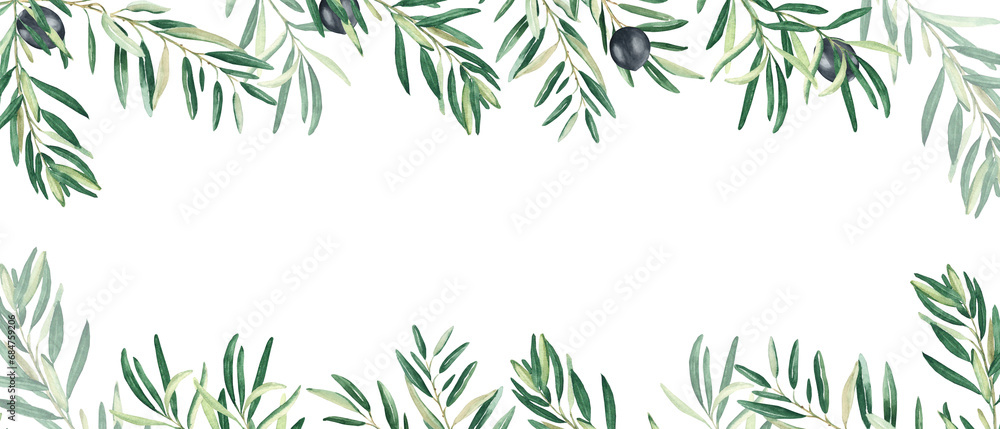 Horizontal frame, border with olive branches and ripe fruits ...