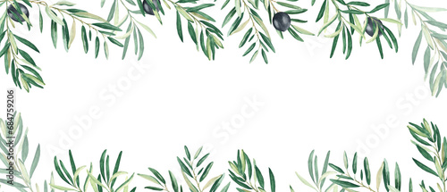 Horizontal frame, border with olive branches and ripe fruits. Watercolor hand drawn illustration. Perfect as a web banner, card and invitation template, for menu design.