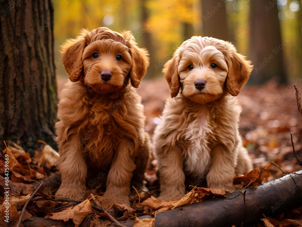 2 labradoodle puppies in the woods