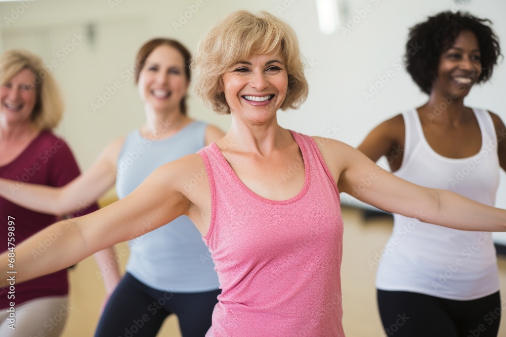Middle-aged women find joy in Zumba, expressing their active lifestyle. Candid moments showcase the energetic camaraderie and shared passion for fitness and fun