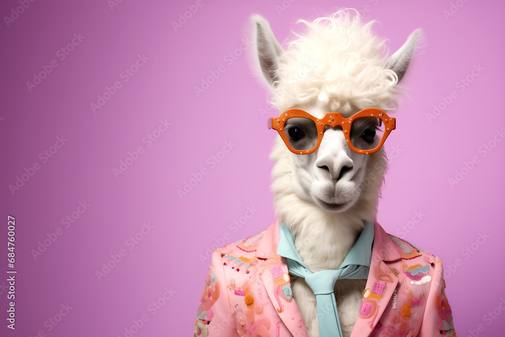 Creative animal concept. Llama in glam fashionable couture high end outfits isolated on bright background advertisement, copy space. birthday party invite invitation banner
Creative animal concept. Llama in glam fashionable couture high end outfits isolated on bright background advertisement, copy space. birthday party invite invitation banner