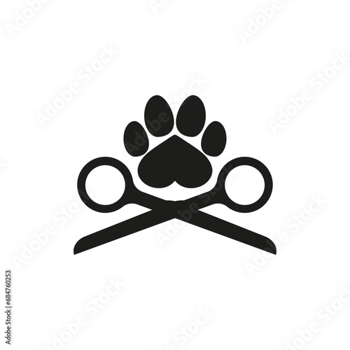 Dog and cat grooming logo design template. Scissors and paw print with heart. 