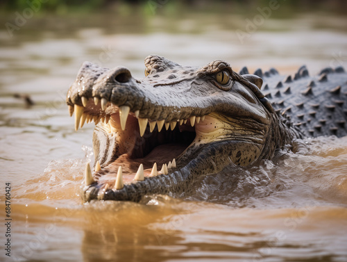 An open-mouthed crocodile was photographed at close range.