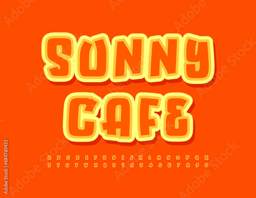 Vector creative logo Sunny Cafe with bright sticker Font. Funny set of Alphabet Letters and Numbers