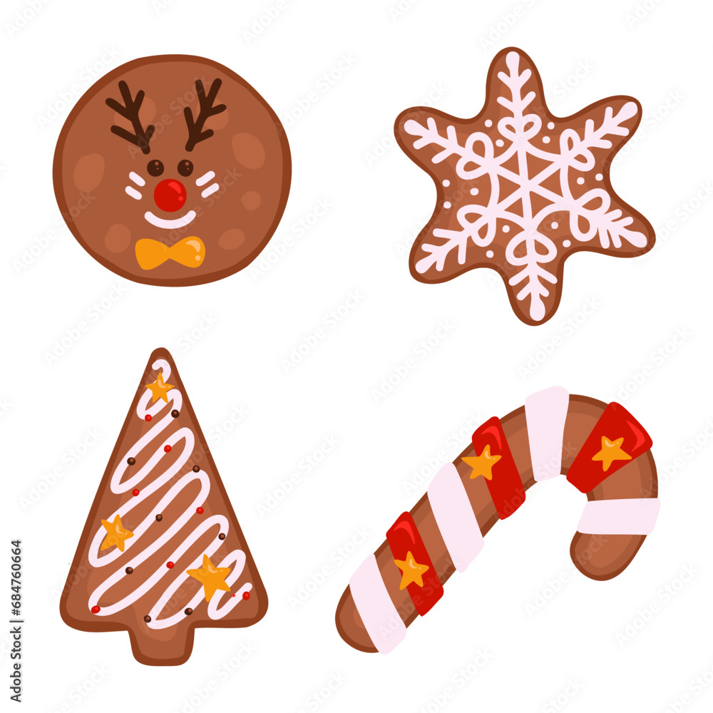 homemade cookies, New Year's gingerbread cookies, painting on gingerbread. Vector Illustration for backgrounds and packaging. Image can be used for greeting card, poster. Isolated on white background.