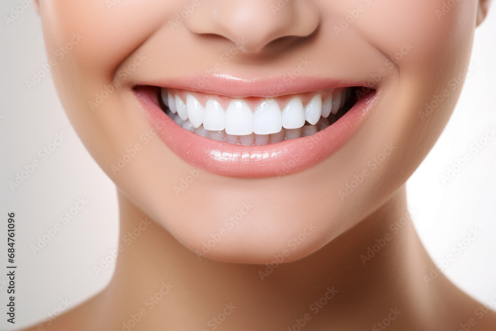 Young woman smiling facial expression. Close-up of white teeth, nose, chin and cheeks, results of regular check-up at dentist with toothbrush. Concept for vigor and liveliness, health and cleanliness. Young woman smiling facial expression. Close-up of white teeth, nose, chin and cheeks, results of regular check-up at dentist with toothbrush. Concept for vigor and liveliness, health and cleanliness.