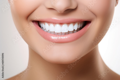 Young woman smiling facial expression. Close-up of white teeth  nose  chin and cheeks  results of regular check-up at dentist with toothbrush. Concept for vigor and liveliness  health and cleanliness.