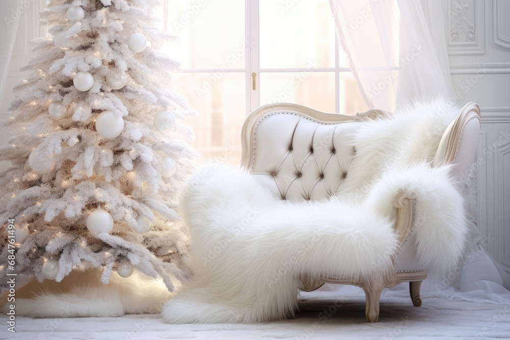 Elegant white Christmas tree and armchair in snowy festive interior. Holiday decorations and home comfort. Elegant white Christmas tree and armchair in snowy festive interior. Holiday decorations and home comfort.