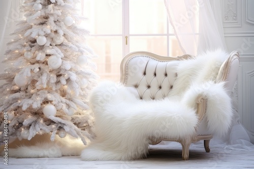 Elegant white Christmas tree and armchair in snowy festive interior. Holiday decorations and home comfort.
