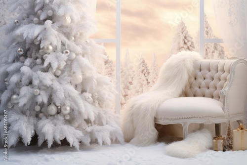 Luxurious white Christmas interior with elegant decorations. Holiday home decor