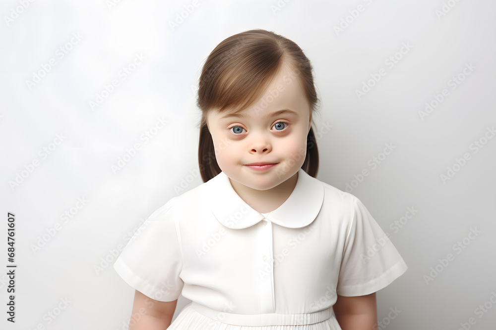 Portrait of Little girl with Down syndrome smiling isolated on white background Portrait of Little girl with Down syndrome smiling isolated on white background