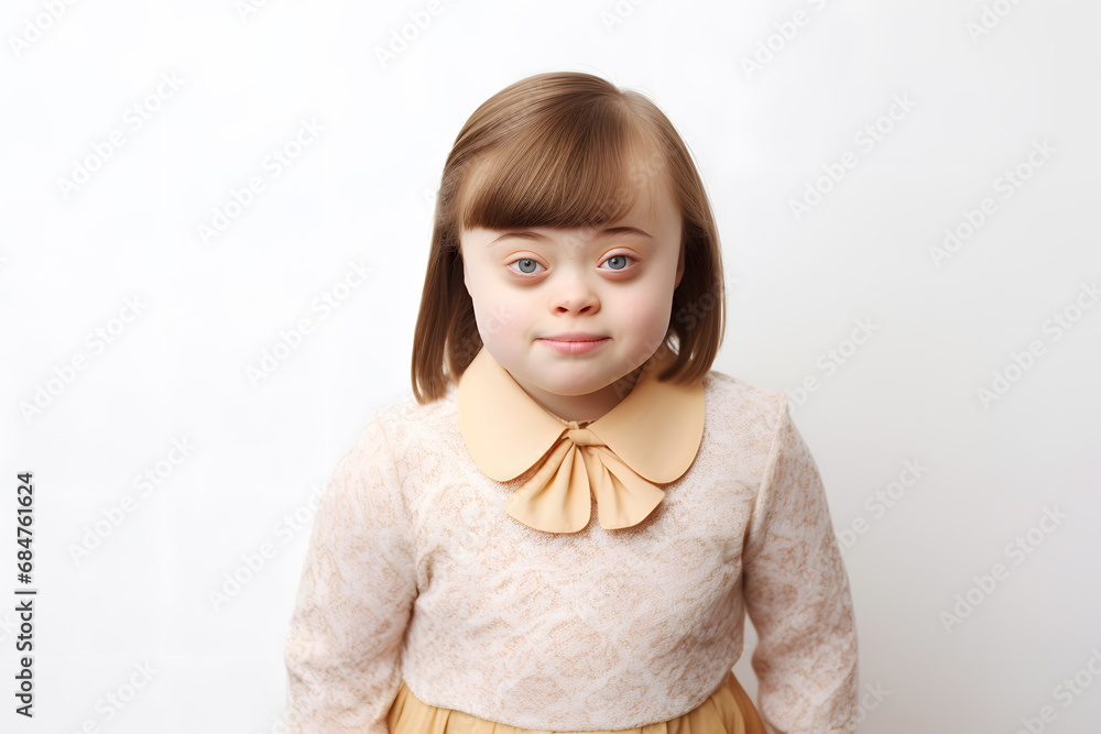 Portrait of Little girl with Down syndrome smiling isolated on white background Portrait of Little girl with Down syndrome smiling isolated on white background