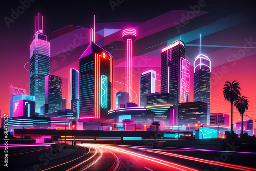 Experience the vibrant energy of Madrid's skyline in a retro 80s style with neon lights photo