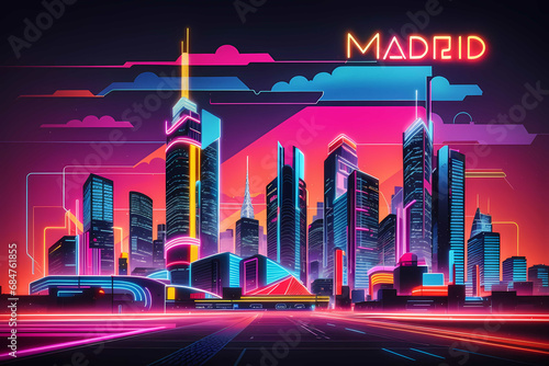 Experience the vibrant energy of Madrid s skyline in a retro 80s style with neon lights