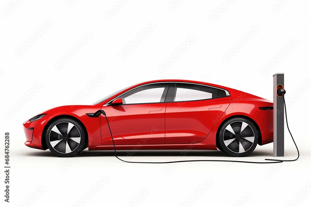 Explore the future of clean mobility with a modern electric vehicle seamlessly plugged into a charging station. This image encapsulates advanced green technology against a pristine white background