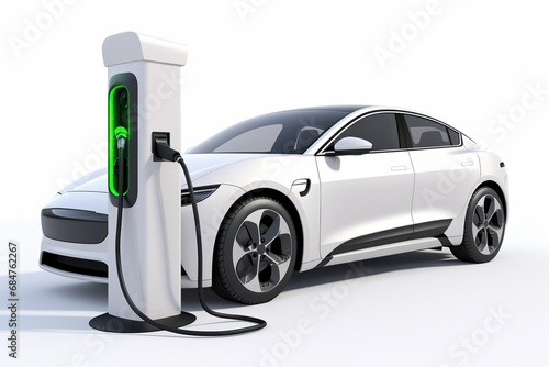Explore the future of clean mobility with a modern electric vehicle seamlessly plugged into a charging station. This image encapsulates advanced green technology against a pristine white background
