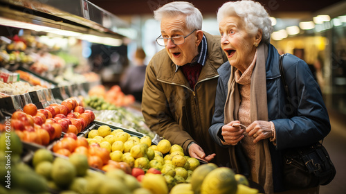 Photography of an elderly couple of pensioners are surprised to see the prices of fruit in the supermarket