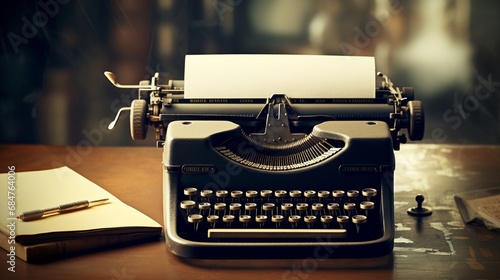 A close-up of a vintage typewriter with a blank sheet of paper, inviting creativity. photo