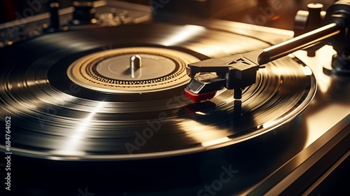 A close-up of a vinyl record spinning on a turntable, capturing the essence of music. photo