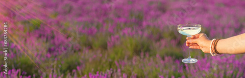A woman drinks wine in a lavender field. Selective focus.
