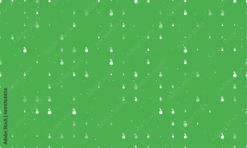 Seamless background pattern of evenly spaced white bomb symbols of different sizes and opacity. Vector illustration on green background with stars
