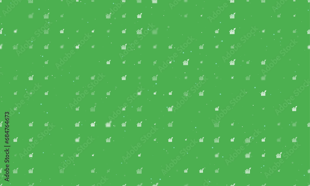 Seamless background pattern of evenly spaced white chart up symbols of different sizes and opacity. Vector illustration on green background with stars
