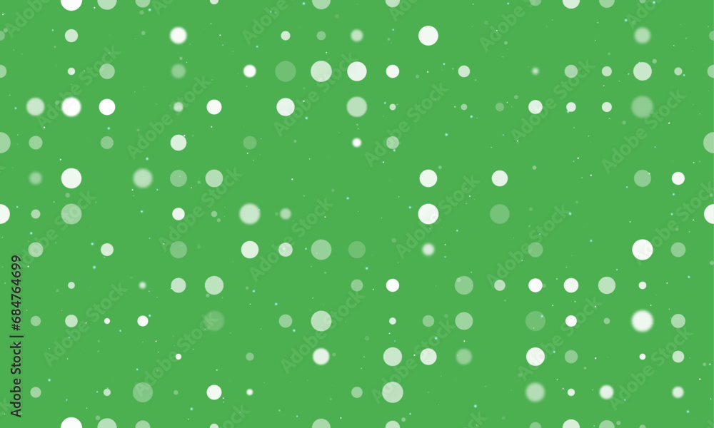 Seamless background pattern of evenly spaced white circles of different sizes and opacity. Vector illustration on green background with stars