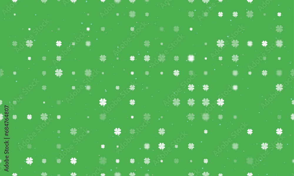 Seamless background pattern of evenly spaced white four-leaf clover symbols of different sizes and opacity. Vector illustration on green background with stars