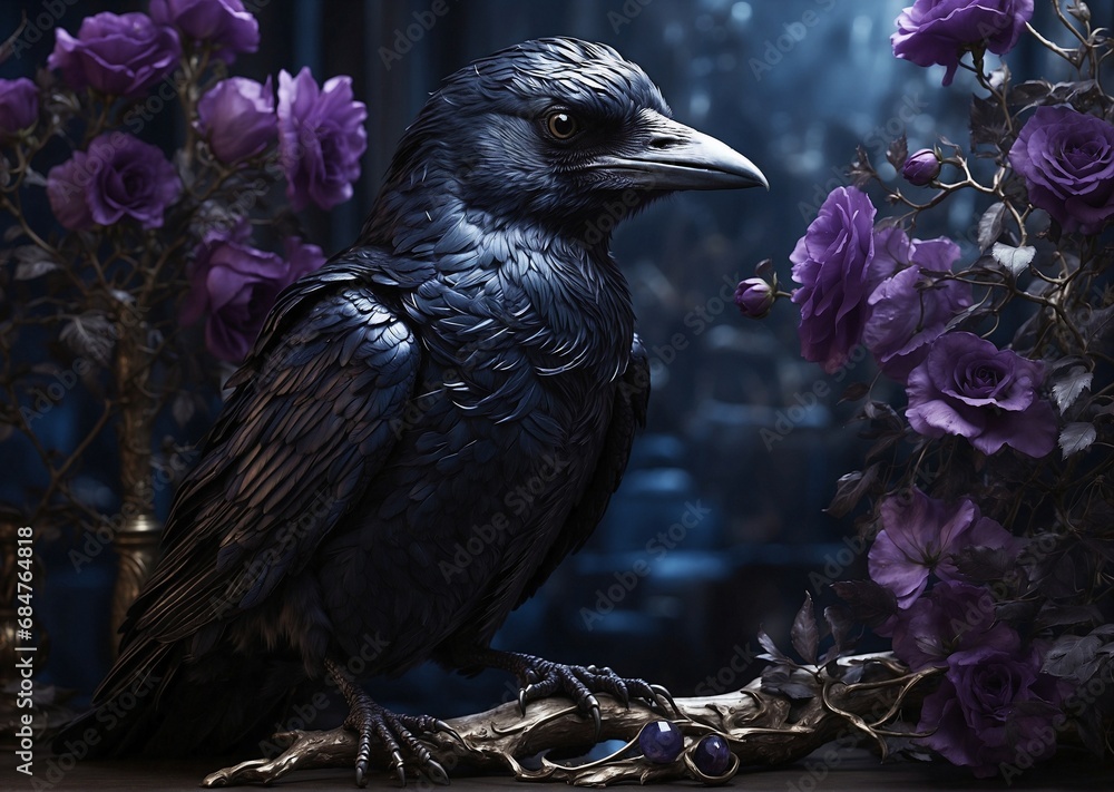 Naklejka premium In an enchanting cinematic photograph, a mesmerizing glam-goth enchanted familiar captivates the viewers. The main subject, composed in a lavish fashion, depicts a stunning black raven