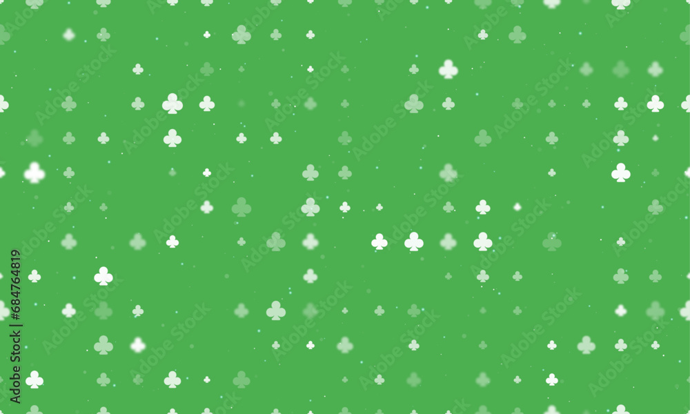 Seamless background pattern of evenly spaced white clubs of different sizes and opacity. Vector illustration on green background with stars