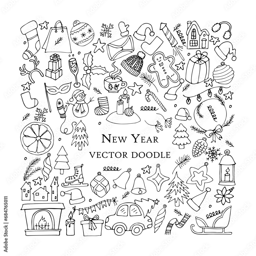 Vector black and white New Year set on a white background in cartoon style. Doodle pictures for Christmas. Holiday set.