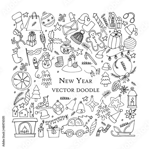 Vector black and white New Year set on a white background in cartoon style. Doodle pictures for Christmas. Holiday set.