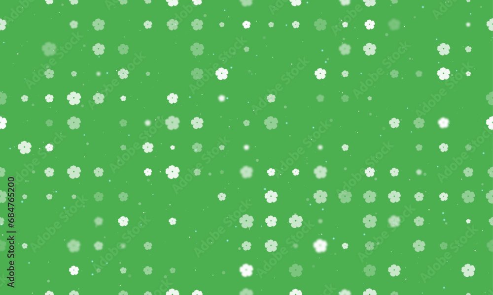 Seamless background pattern of evenly spaced white geraniums of different sizes and opacity. Vector illustration on green background with stars