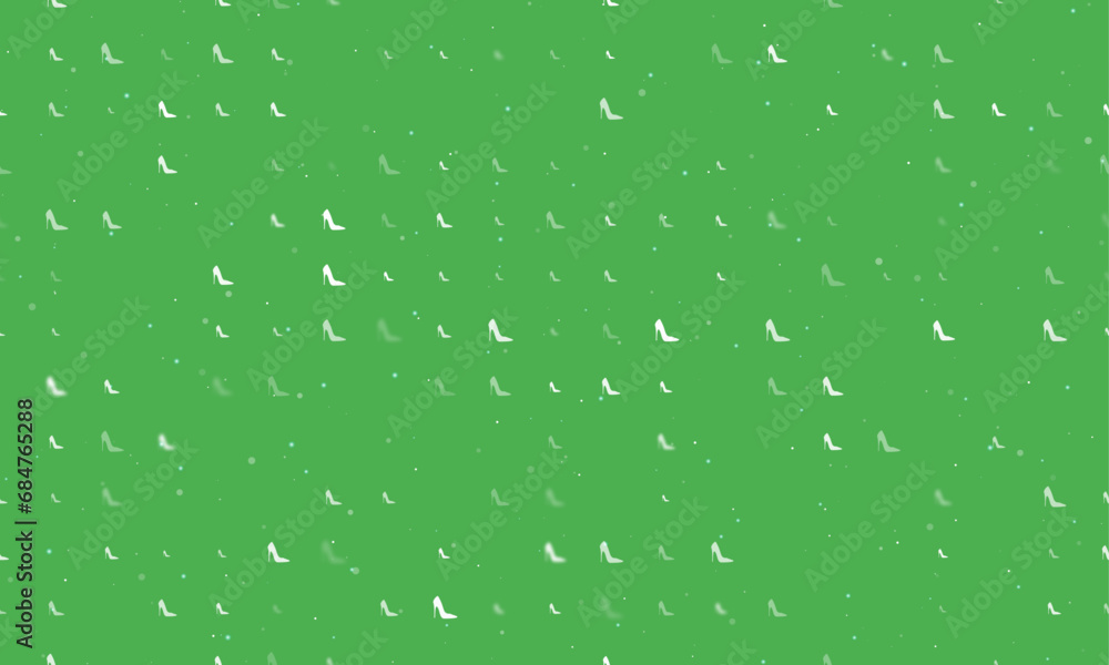 Seamless background pattern of evenly spaced white High heel shoe symbols of different sizes and opacity. Vector illustration on green background with stars Seamless background pattern of evenly spaced white High heel shoe symbols of different sizes and opacity. Vector illustration on green background with stars