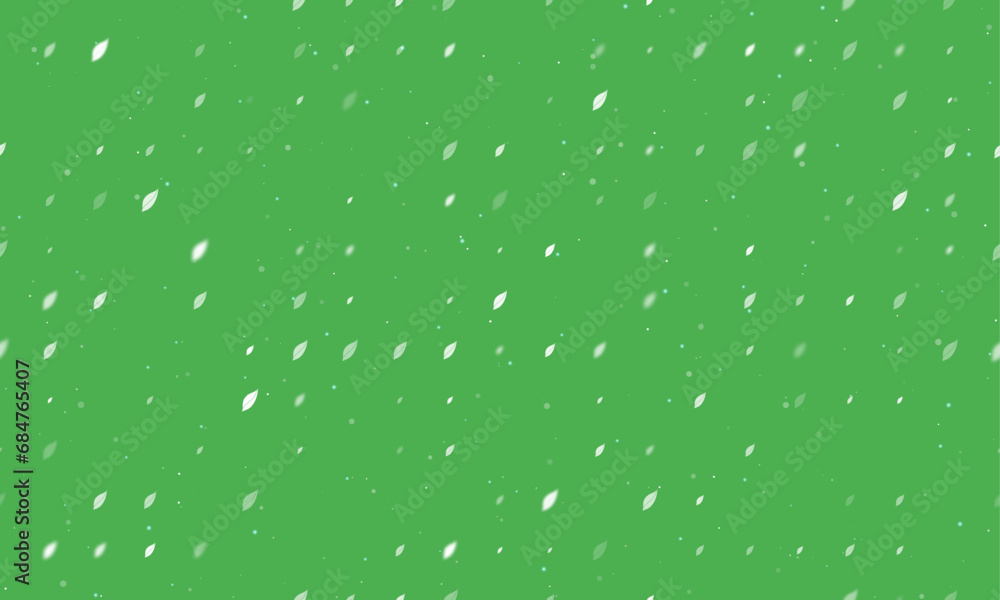Seamless background pattern of evenly spaced white leaflet symbols of different sizes and opacity. Vector illustration on green background with stars